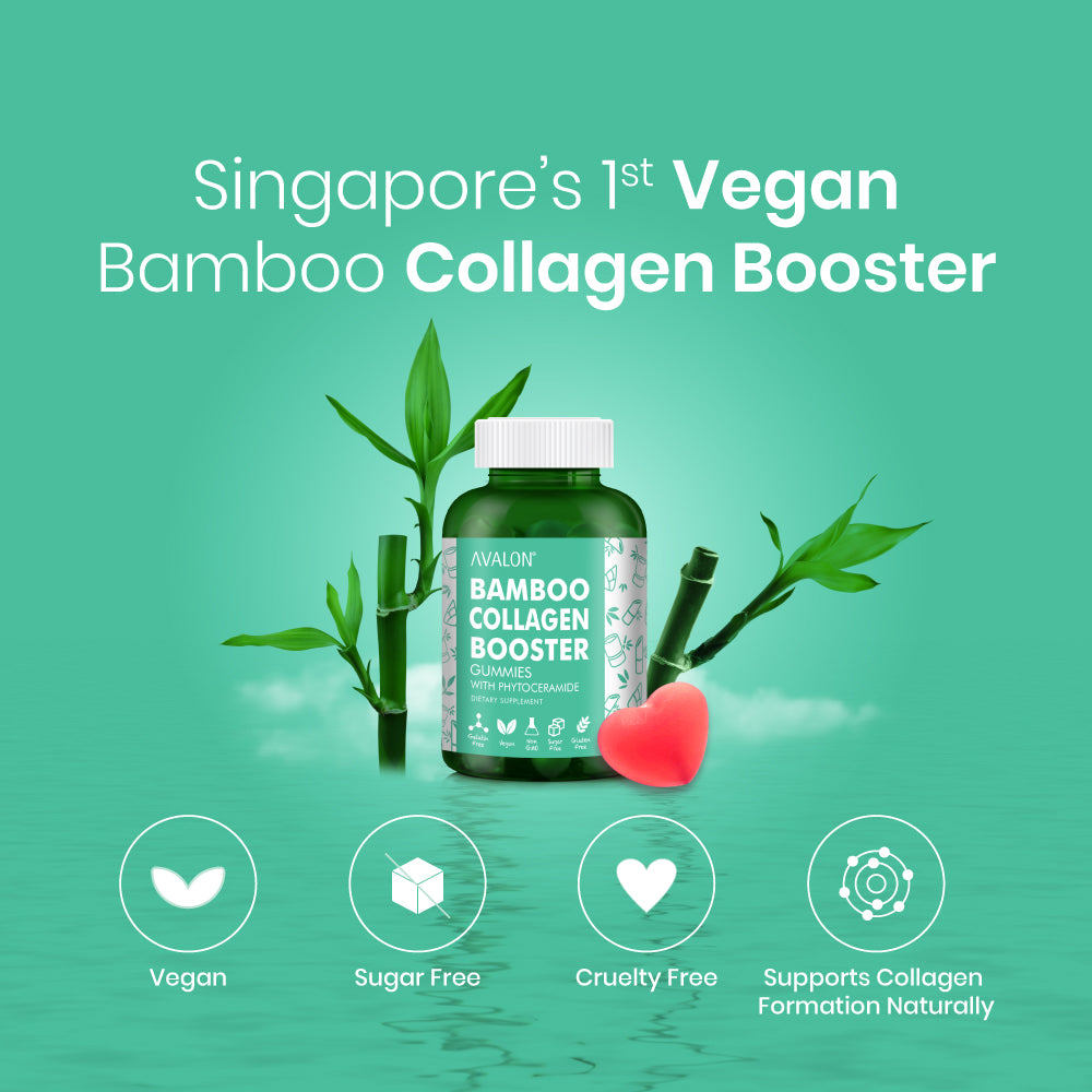 Try Singapore’s 1st Vegan Bamboo Collagen Booster for a more youthful you. AVALON Bamboo Collagen Booster Gummies are made with bamboo extract, Amla extract, Phytoceramide from rice bran, Vegan Hyaluronic Acid, Hydroxyproline, L-Proline, L-Lysine, L-Glycine, Biotin and Vitamin E. Promotes collagen synthesis, increases skin hydration, provides antioxidant support, maintains healthy glow and skin health, supports bone and joint health, strengthens hair and nail health.