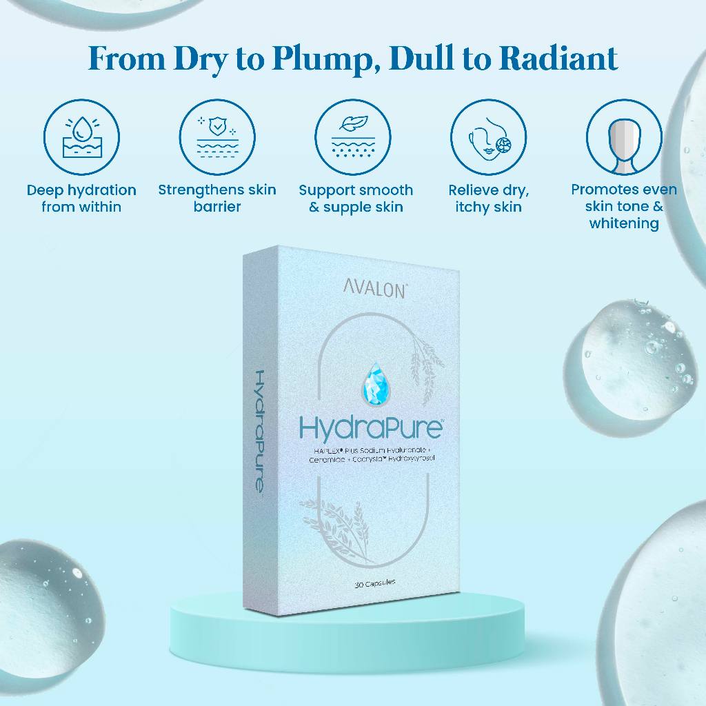 Avalon HydraPure singapore supplement with benefits listed on a light blue background