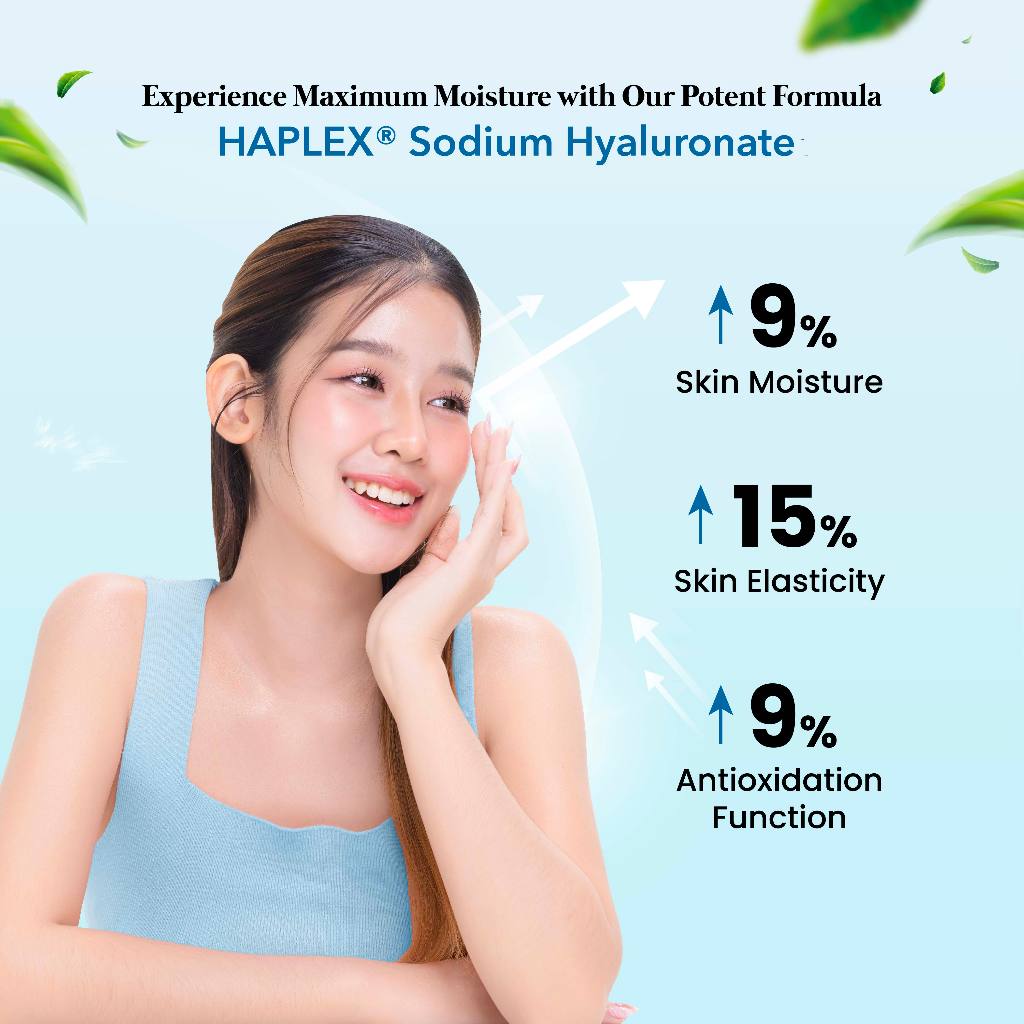 Woman with smooth skin touching face, HAPLEX Sodium Hyaluronate benefits displayed.
