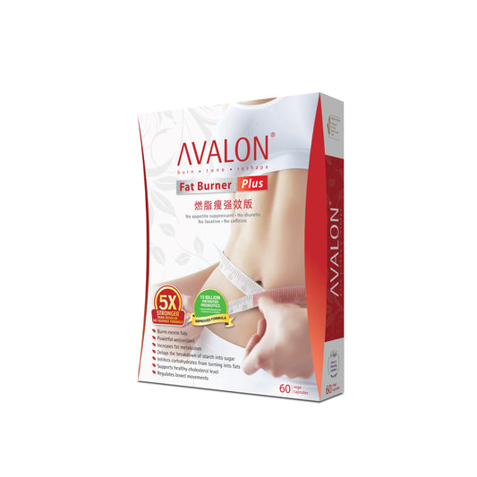 AVALON® Fat Burner Plus contains 5X stronger burning effect - 24/7 non-stop! It helps to burn excess fats, increase metabolism, prevent carbs breakdown and fat absorption, maintain healthy cholesterol level and liver health. It contains 100% natural ingredients - curcumin, piperine, water soluble dietary fiber, decaffeinated green tea extract. No harmful substances and most importantly, no weight rebound.