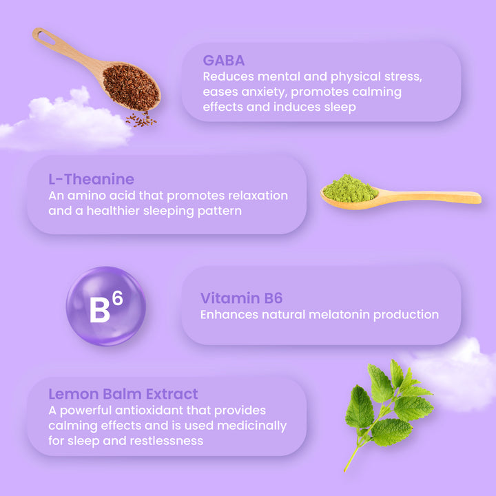 Lemon Balm Extract that provides calming effects and is used for problems with sleep and restlessness. GABA, a neurotransmitter that reduces the activities of certain excitatory brain cells by inducing sedation and relieving anxiety to promote restful nights of sleep L-Theanine play a role in stimulating GABA production for relaxation and promote a healthier sleeping pattern Vitamin B6 helps the body regulate amino acid tryptophan levels which in turn helps the body produce melatonin.